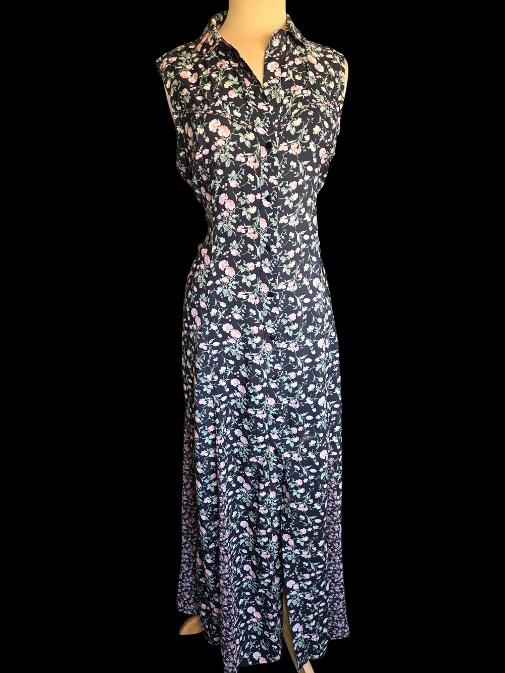New York & Company Black Floral Dress with Pink and Green Accents Sz L
